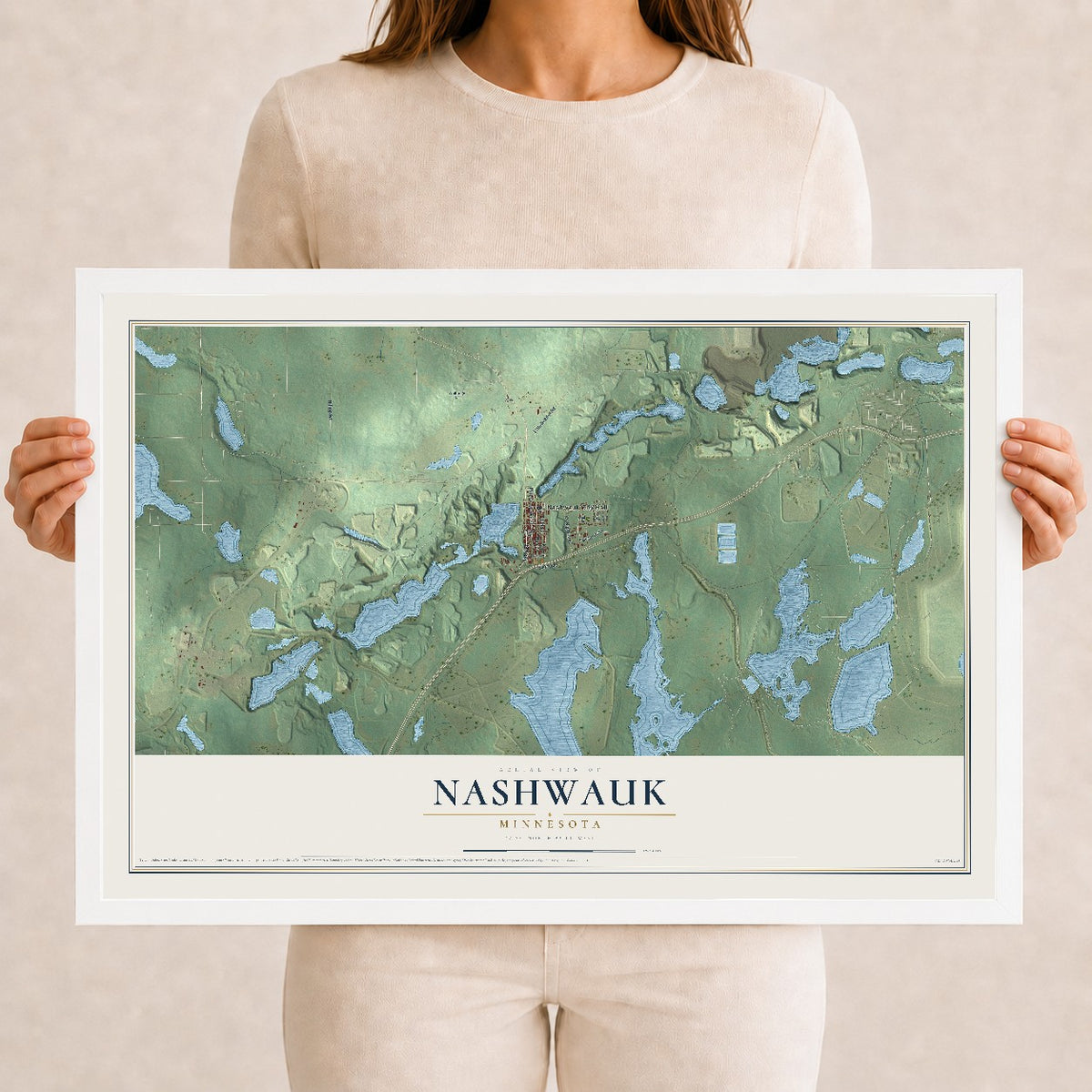Map of Nashwauk, Minnesota, 12 x 18 inch print in a white wood frame