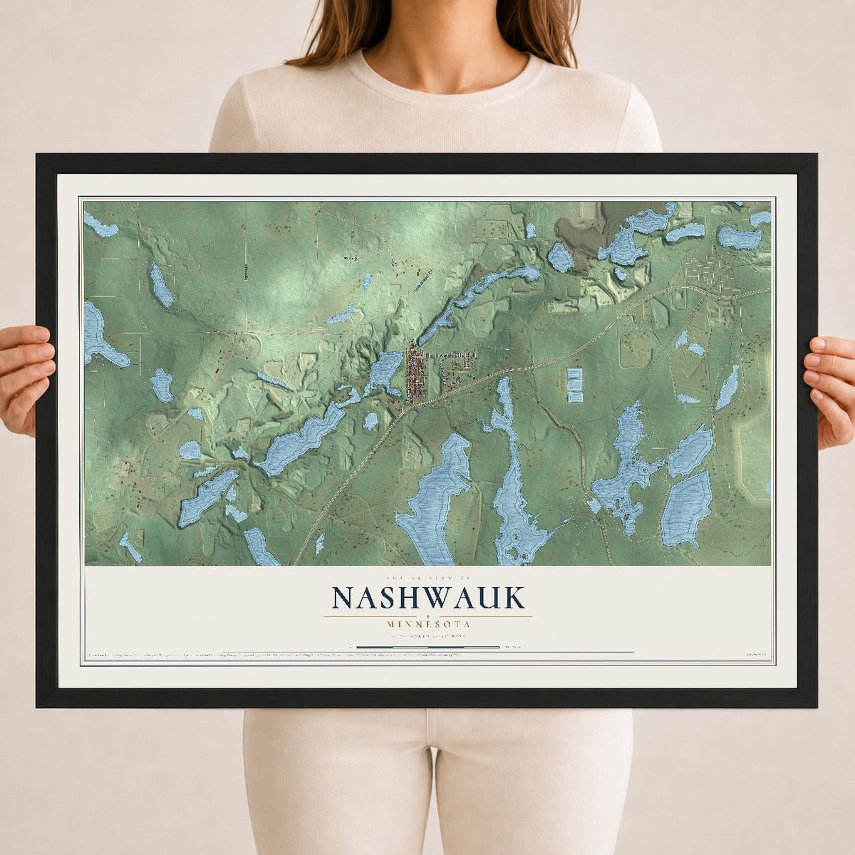 Map of Nashwauk, Minnesota, 18 x 24 inch print in a black wood frame