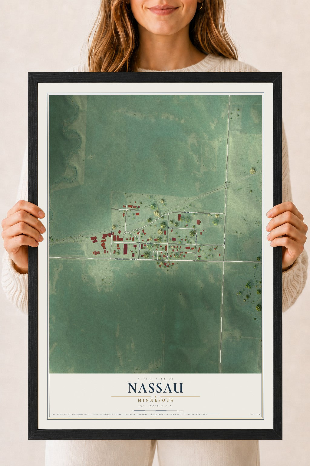 Map of Nassau, Minnesota, 18 x 24 inch print in a black wood frame