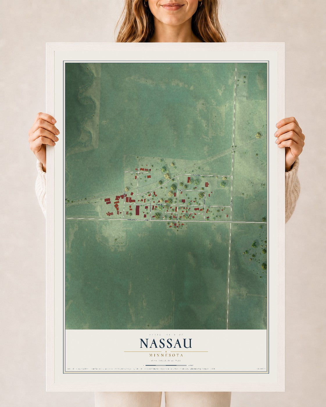 Map of Nassau, Minnesota, 24 x 36 inch print in a white wood frame