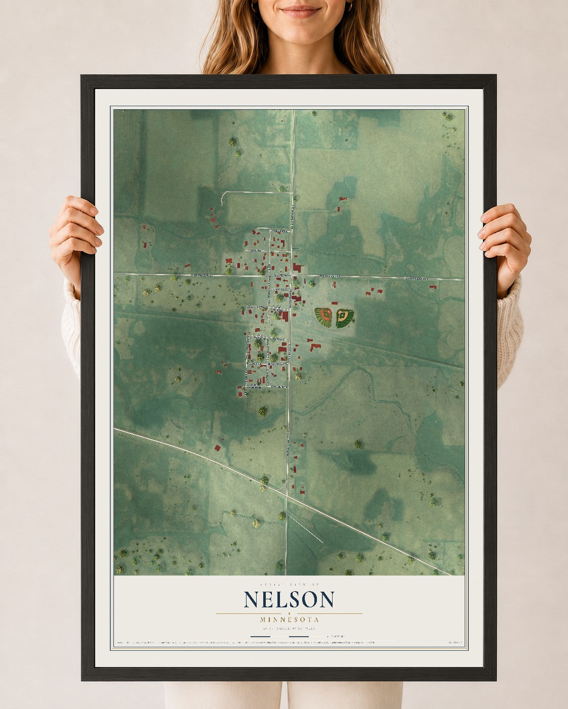 Map of Nelson, Minnesota, 24 x 36 inch print in a black wood frame
