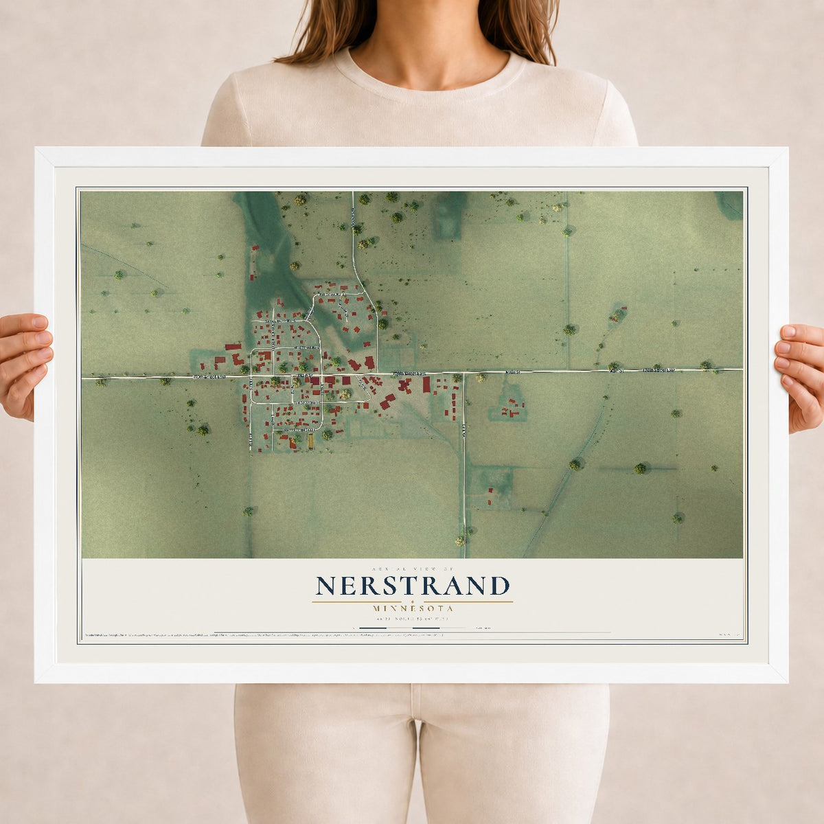 Map of Nerstrand, Minnesota, 18 x 24 inch print in a white wood frame