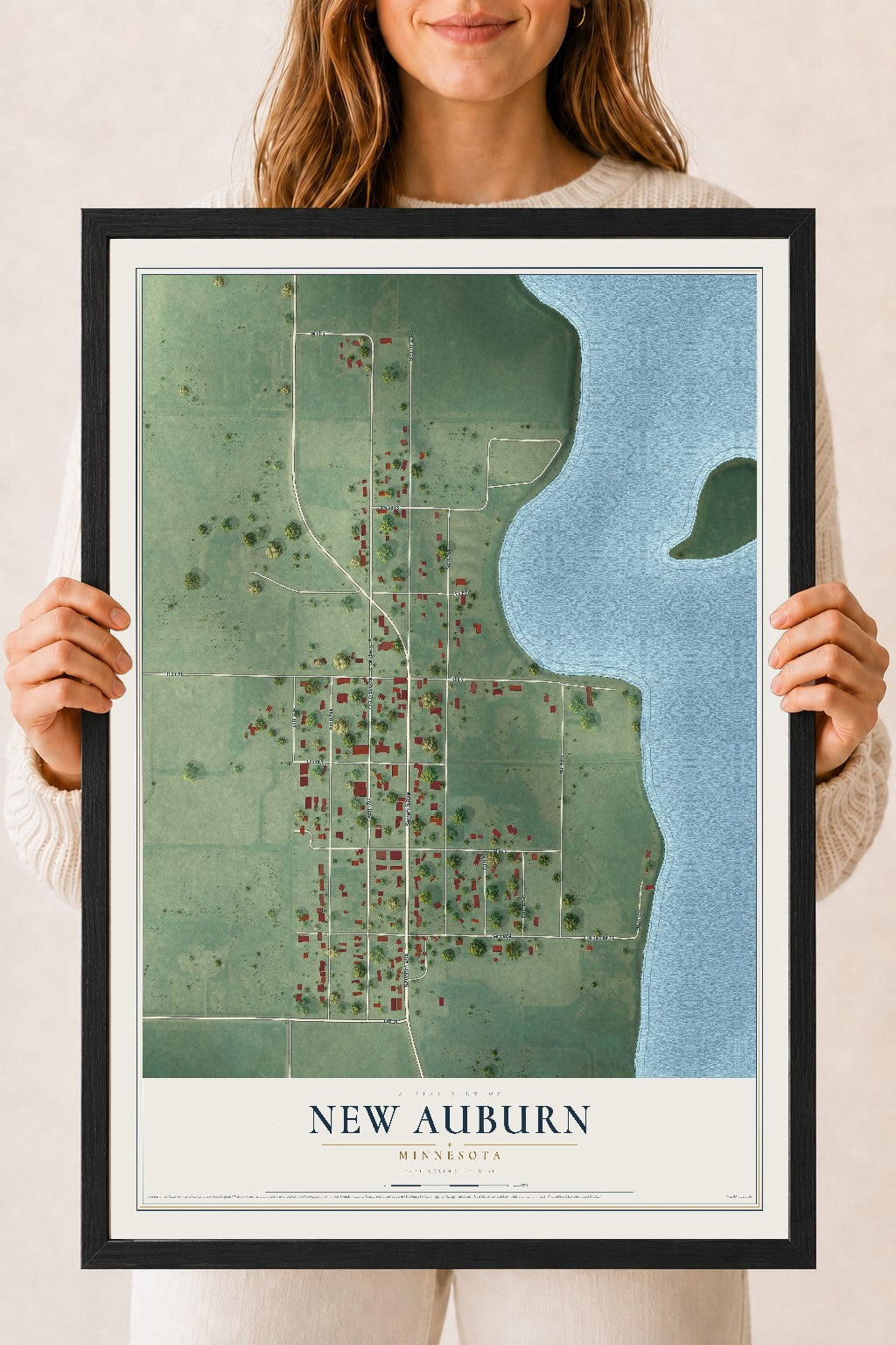 Map of New Auburn, Minnesota, 18 x 24 inch print in a black wood frame