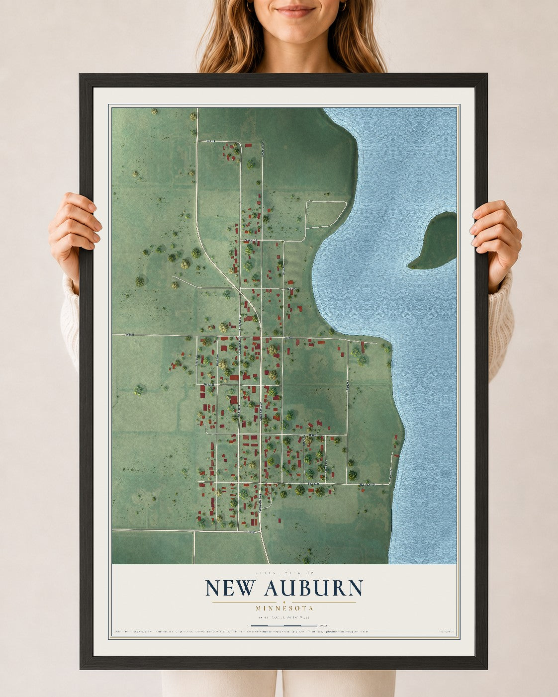 Map of New Auburn, Minnesota, 24 x 36 inch print in a black wood frame