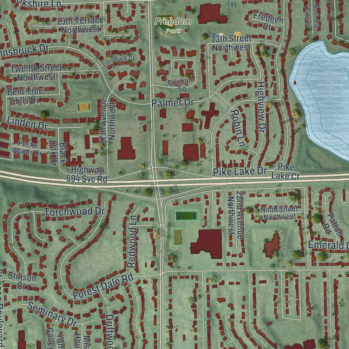 Close-up of the map of New Brighton, Minnesota print showing street and building detail