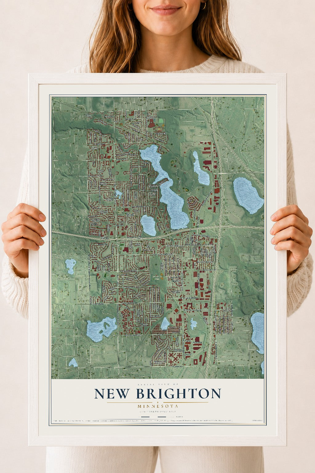 Map of New Brighton, Minnesota, 18 x 24 inch print in a white wood frame