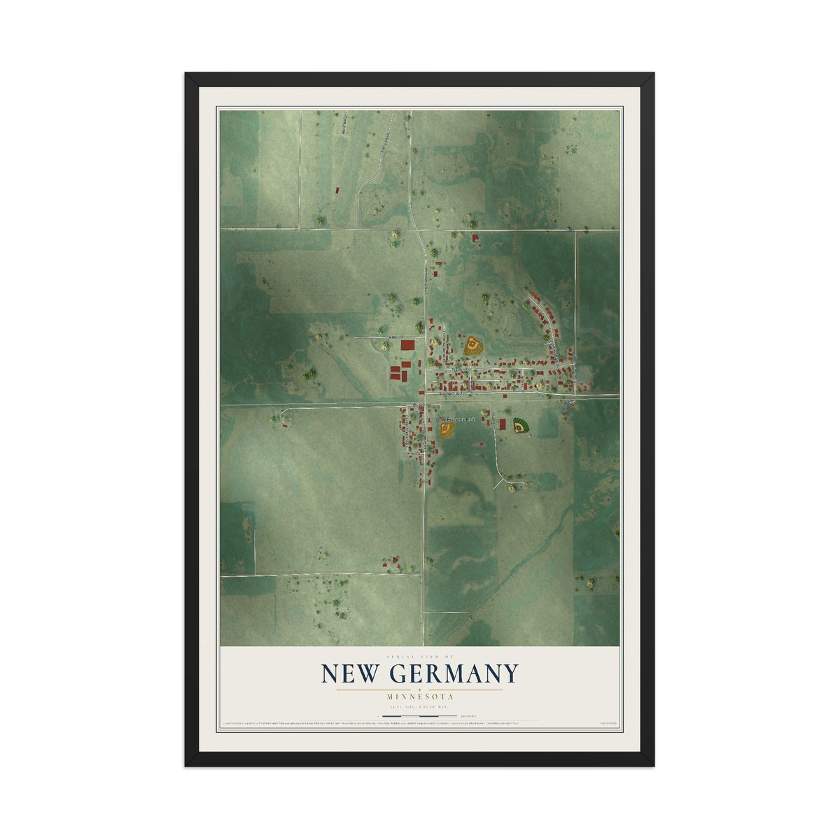Map of New Germany, Minnesota, 12 x 18 inch print in a black wood frame