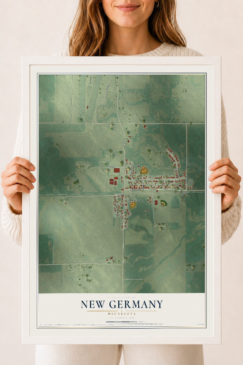 Map of New Germany, Minnesota, 18 x 24 inch print in a white wood frame