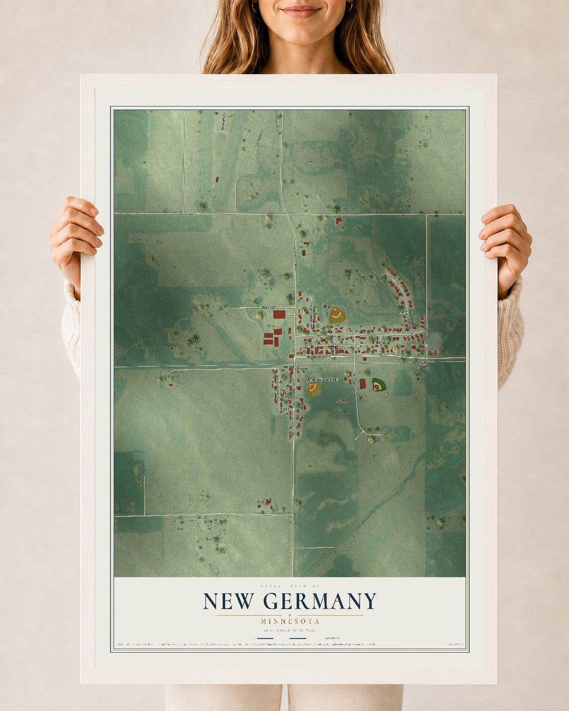 Map of New Germany, Minnesota, 24 x 36 inch print in a white wood frame