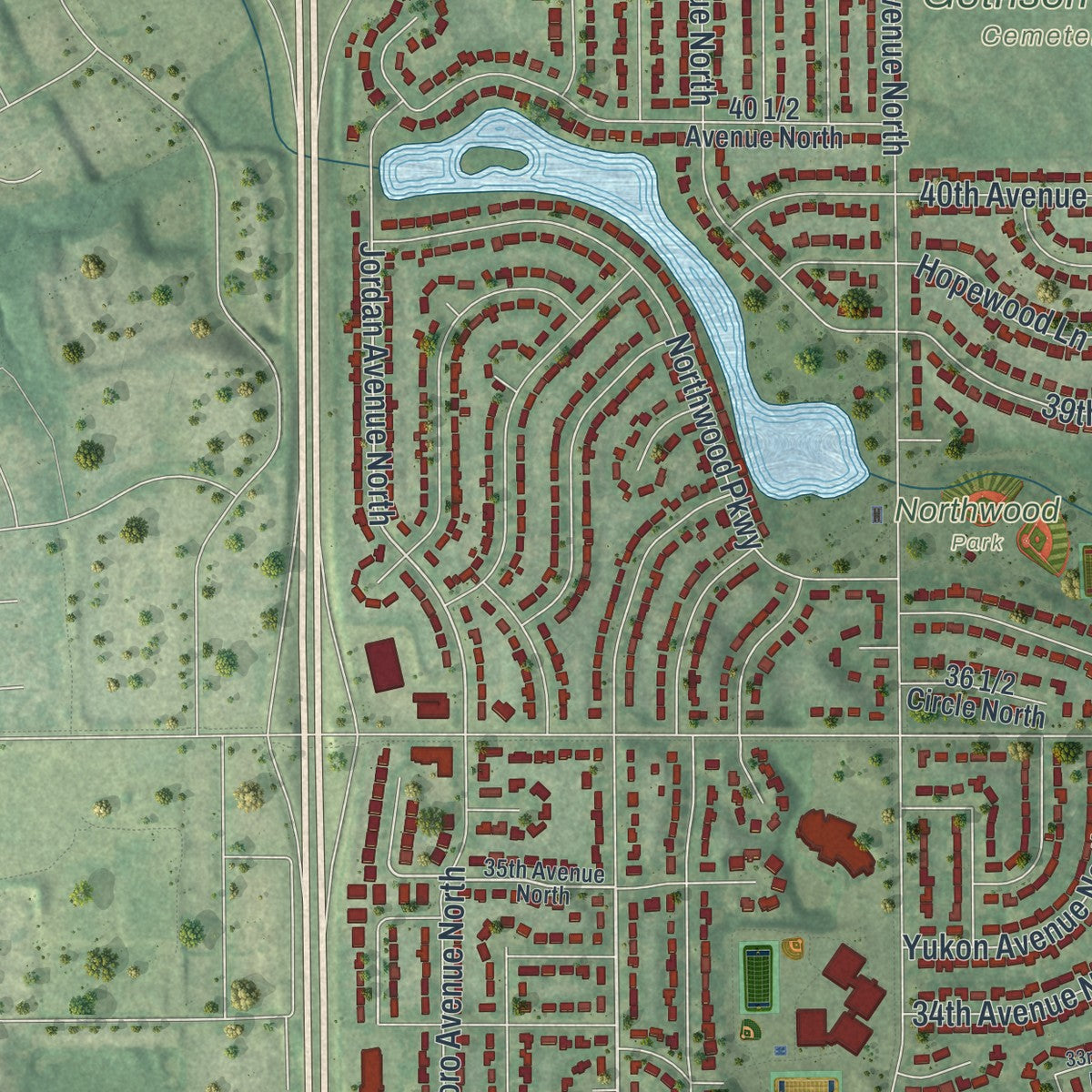 Second close-up of the map of New Hope, Minnesota print showing more streets and buildings