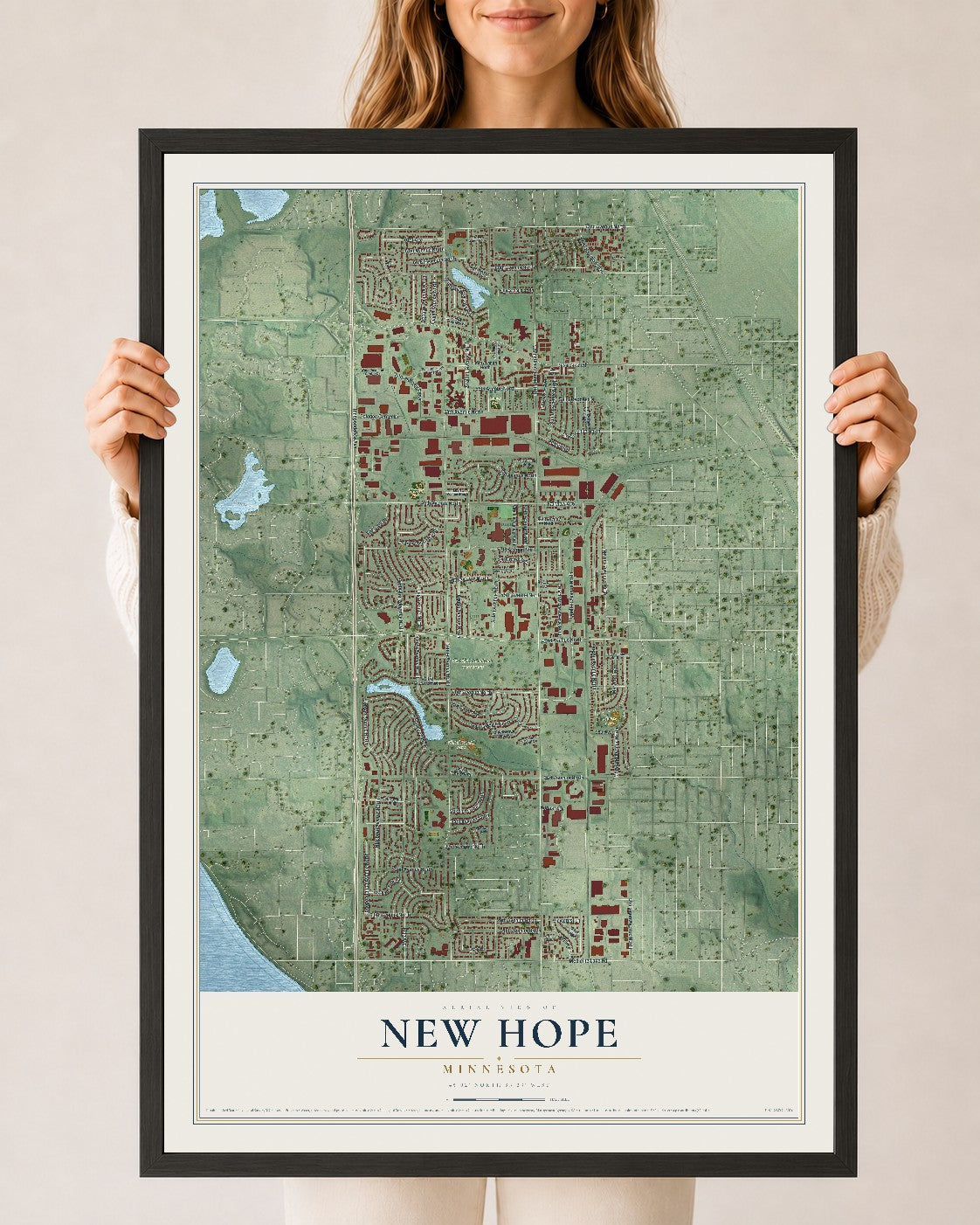 Map of New Hope, Minnesota, 24 x 36 inch print in a black wood frame
