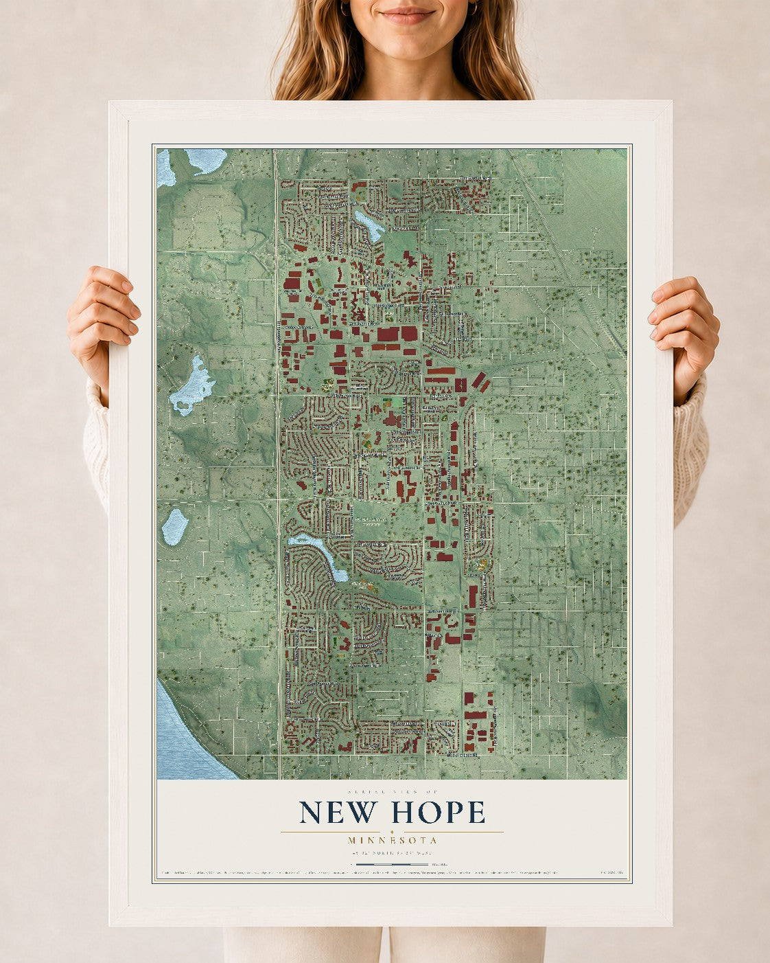 Map of New Hope, Minnesota, 24 x 36 inch print in a white wood frame