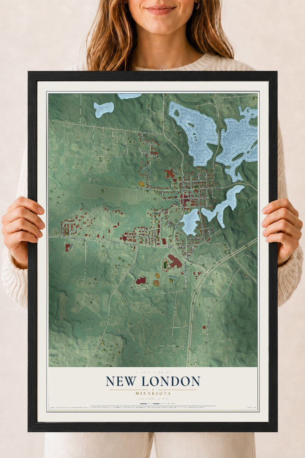 Map of New London, Minnesota, 18 x 24 inch print in a black wood frame