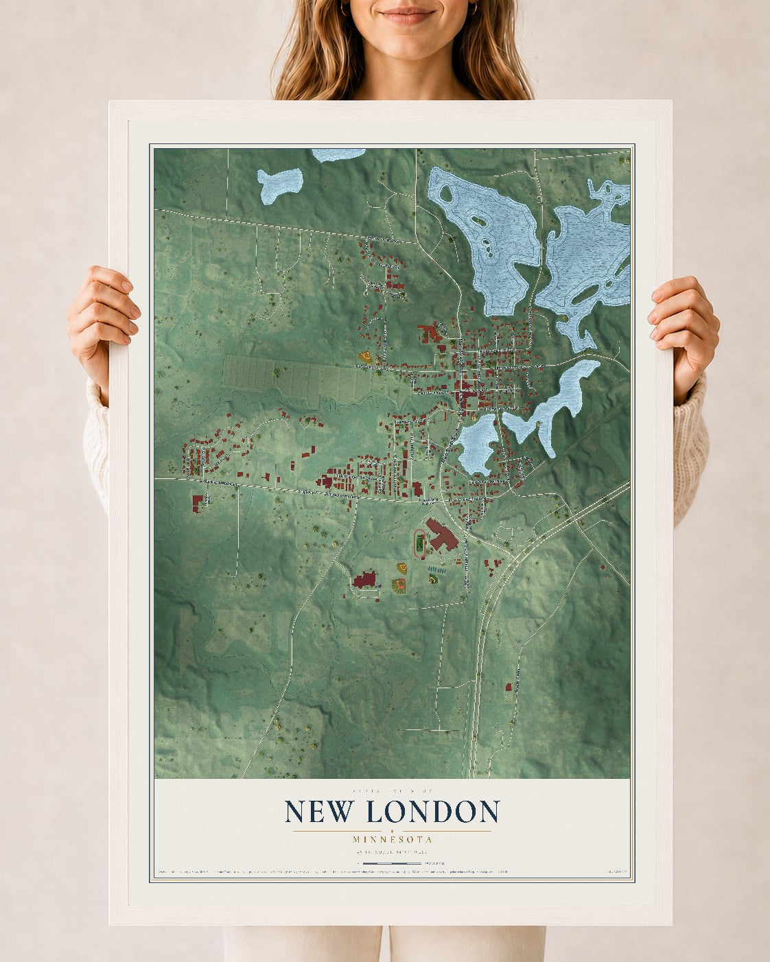 Map of New London, Minnesota, 24 x 36 inch print in a white wood frame