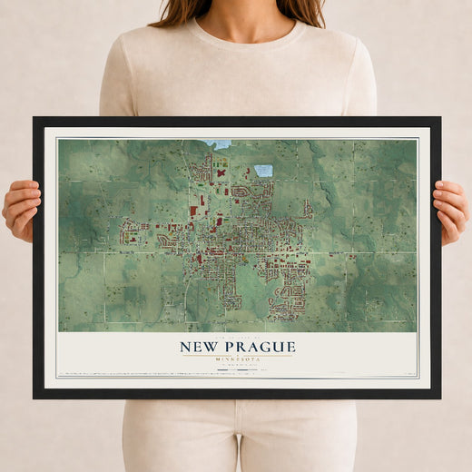 Map of New Prague, Minnesota, 12 x 18 inch print in a black wood frame