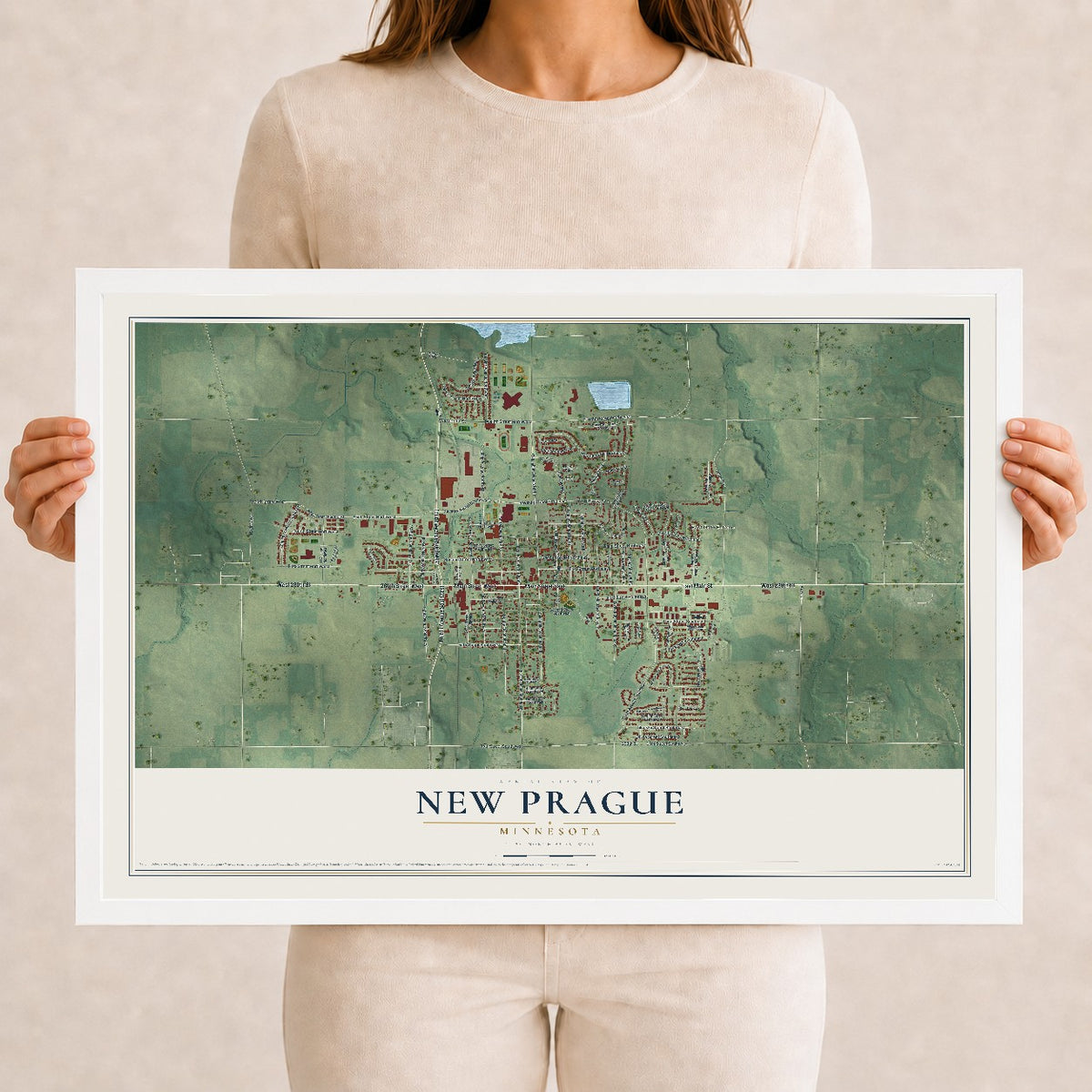 Map of New Prague, Minnesota, 12 x 18 inch print in a white wood frame