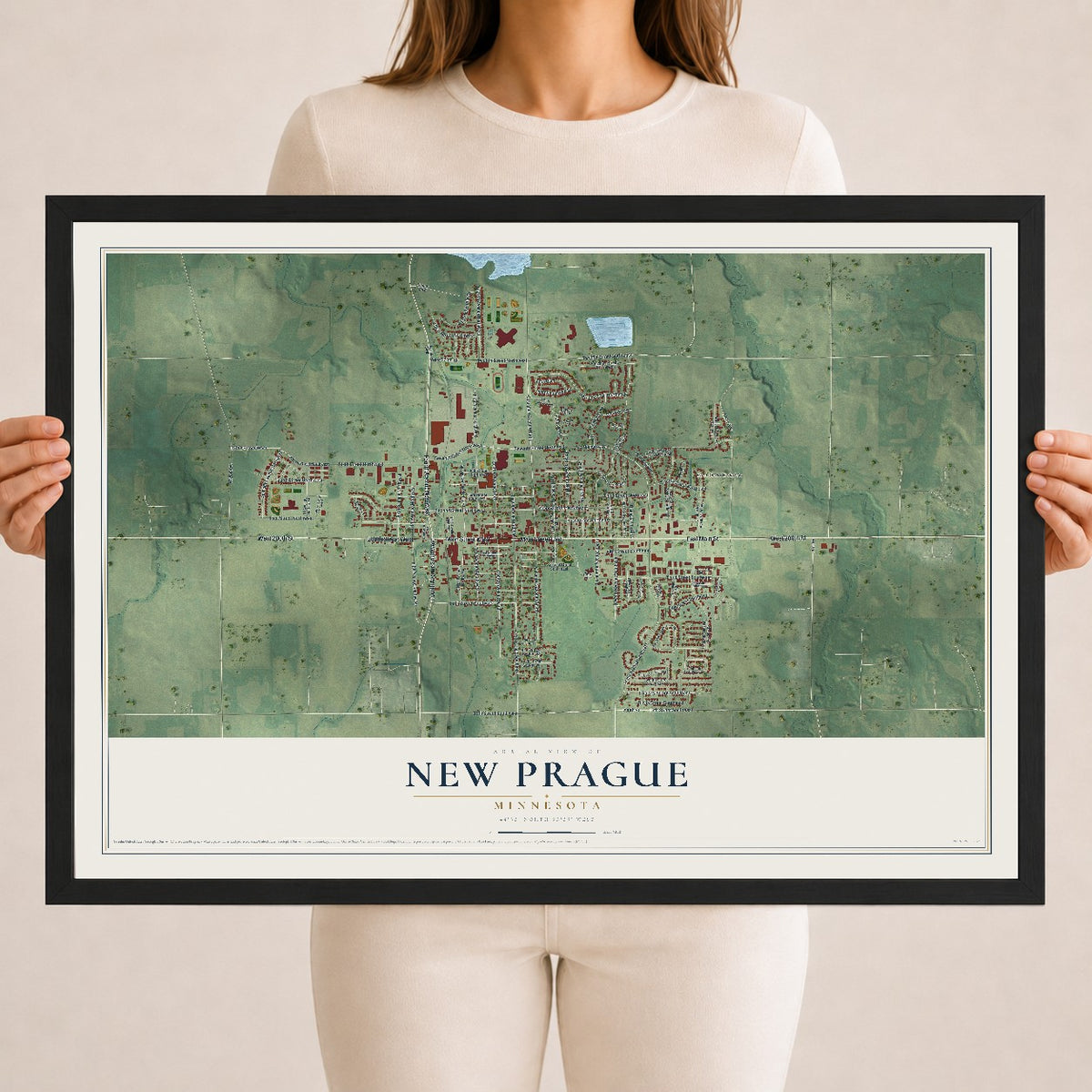 Map of New Prague, Minnesota, 18 x 24 inch print in a black wood frame