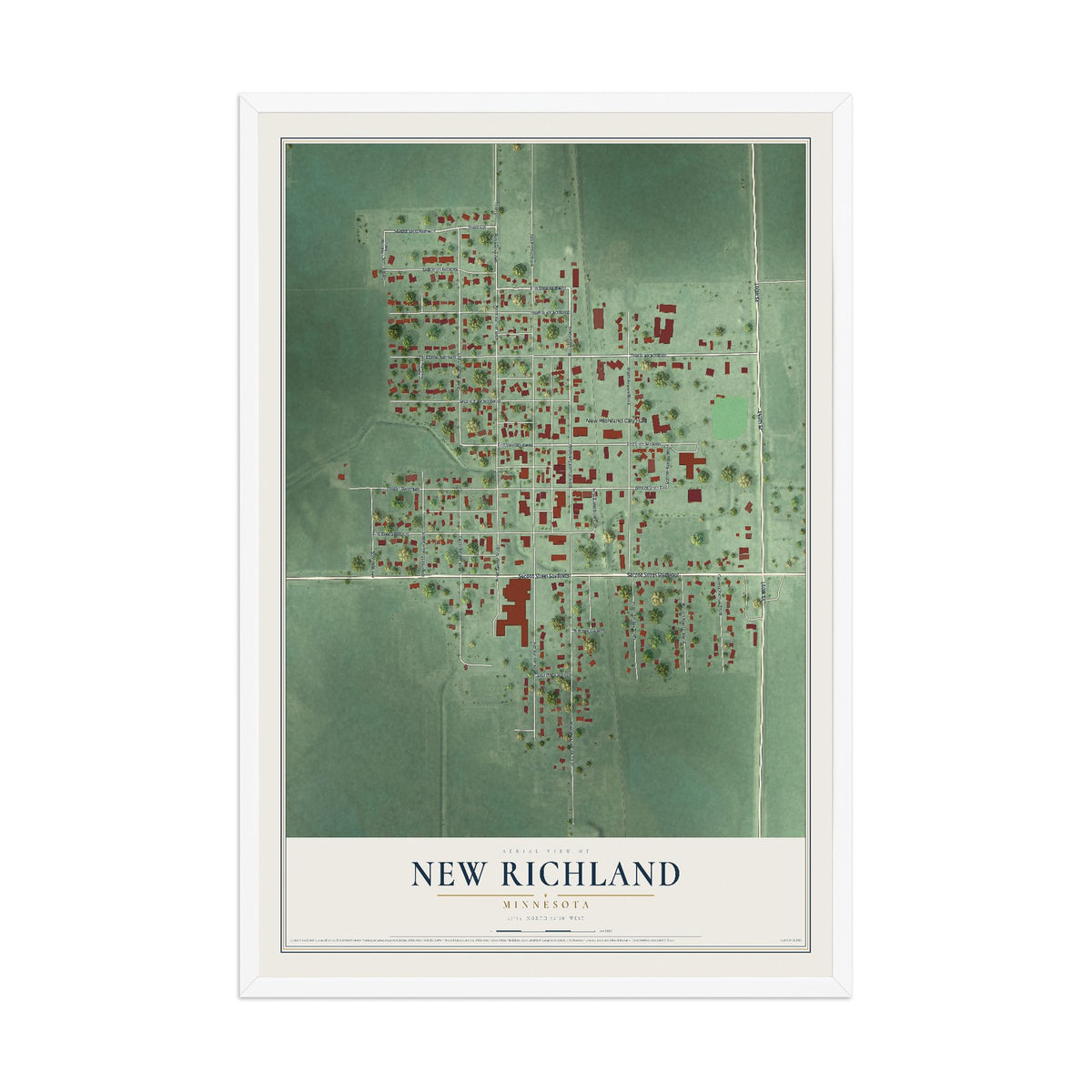 Map of New Richland, Minnesota, 12 x 18 inch print in a white wood frame