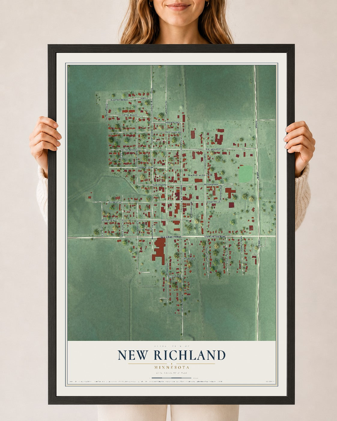 Map of New Richland, Minnesota, 24 x 36 inch print in a black wood frame