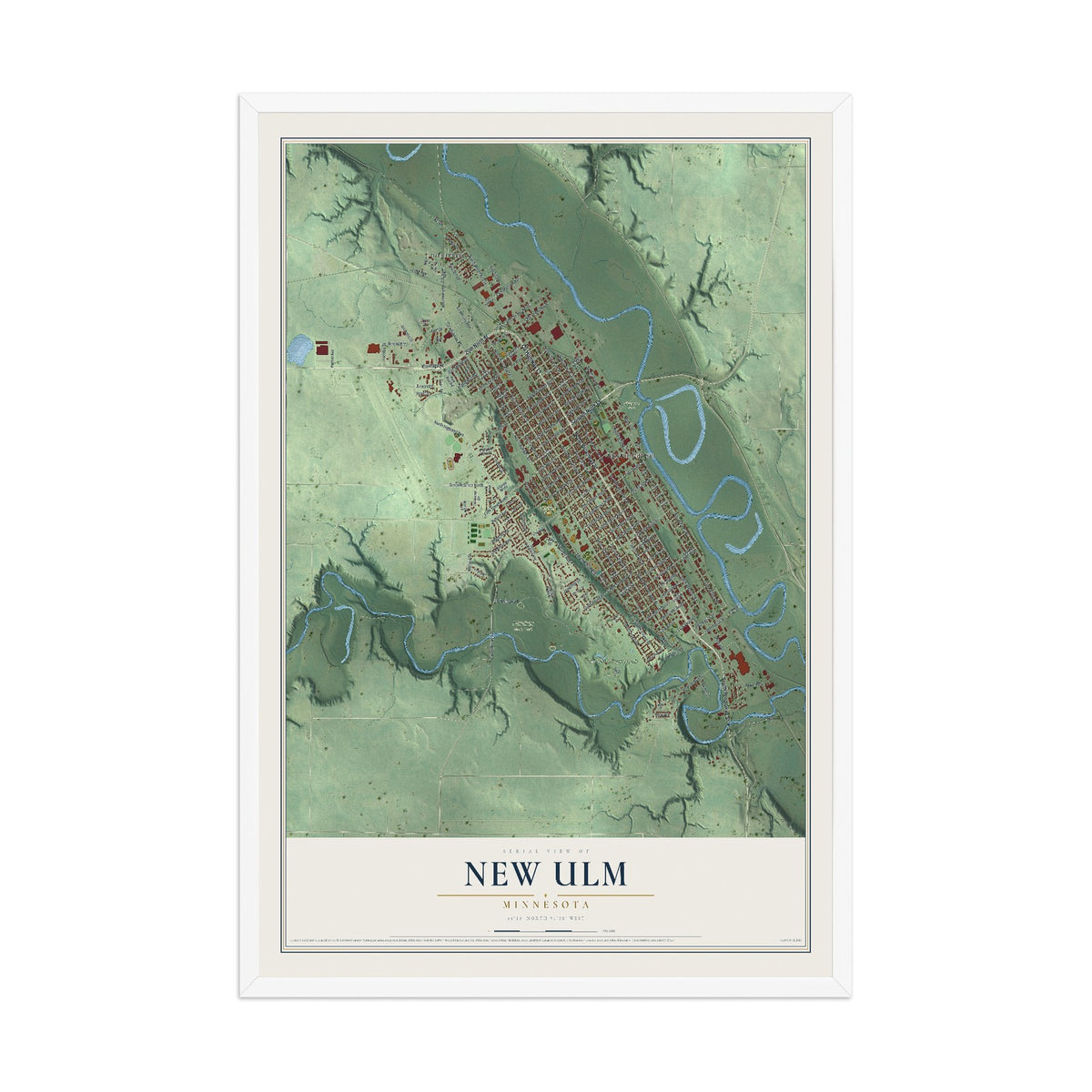 Map of New Ulm, Minnesota, 12 x 18 inch print in a white wood frame