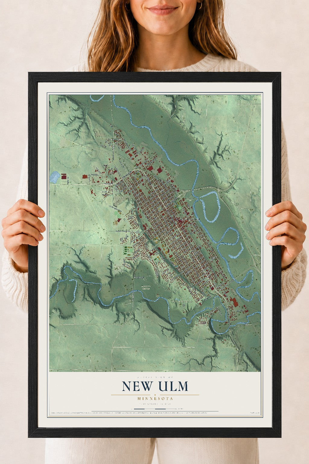 Map of New Ulm, Minnesota, 18 x 24 inch print in a black wood frame