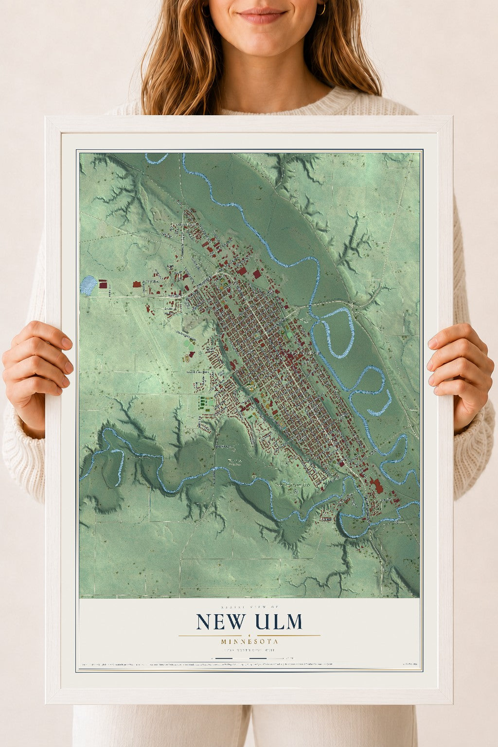 Map of New Ulm, Minnesota, 18 x 24 inch print in a white wood frame