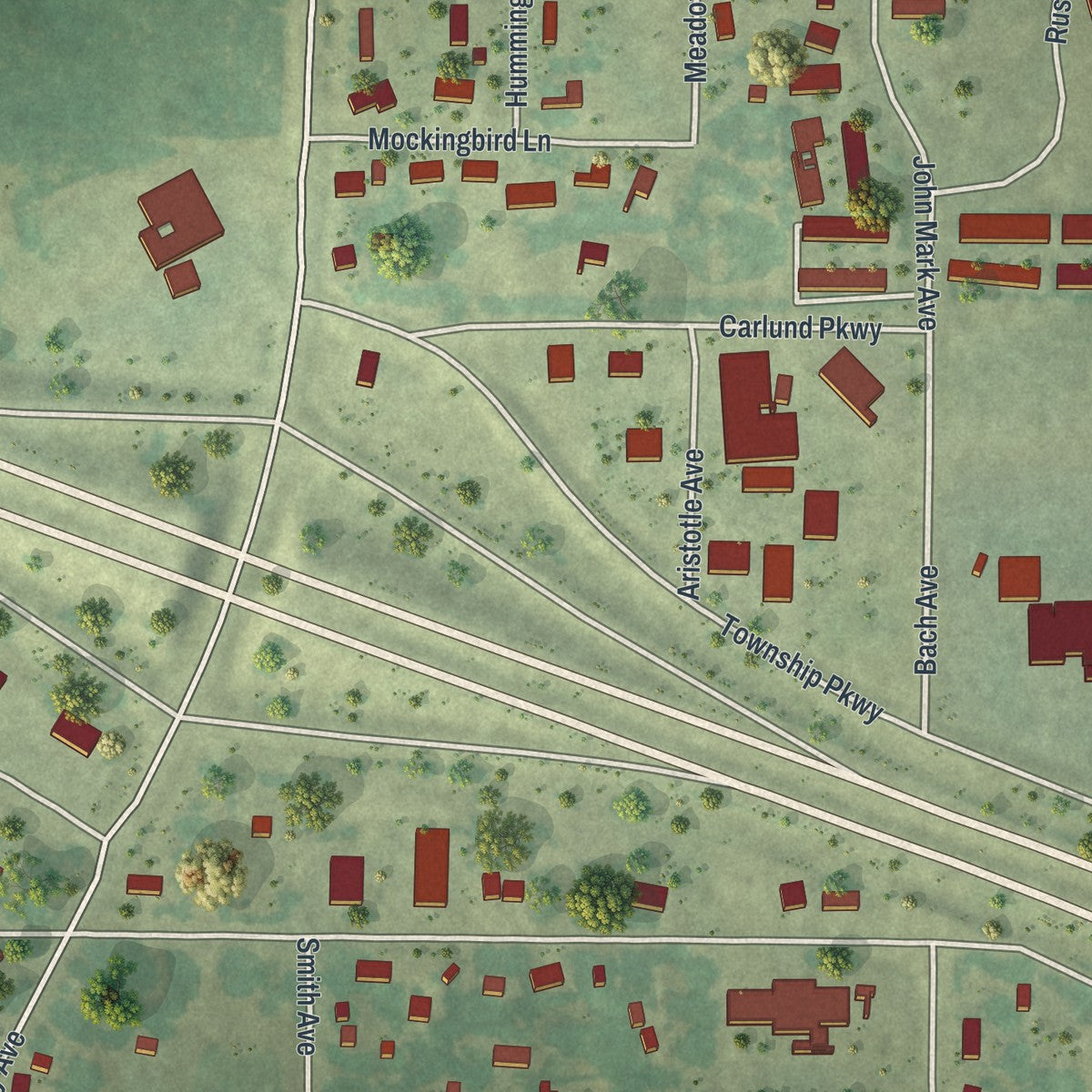 Second close-up of the map of New York Mills, Minnesota print showing more streets and buildings