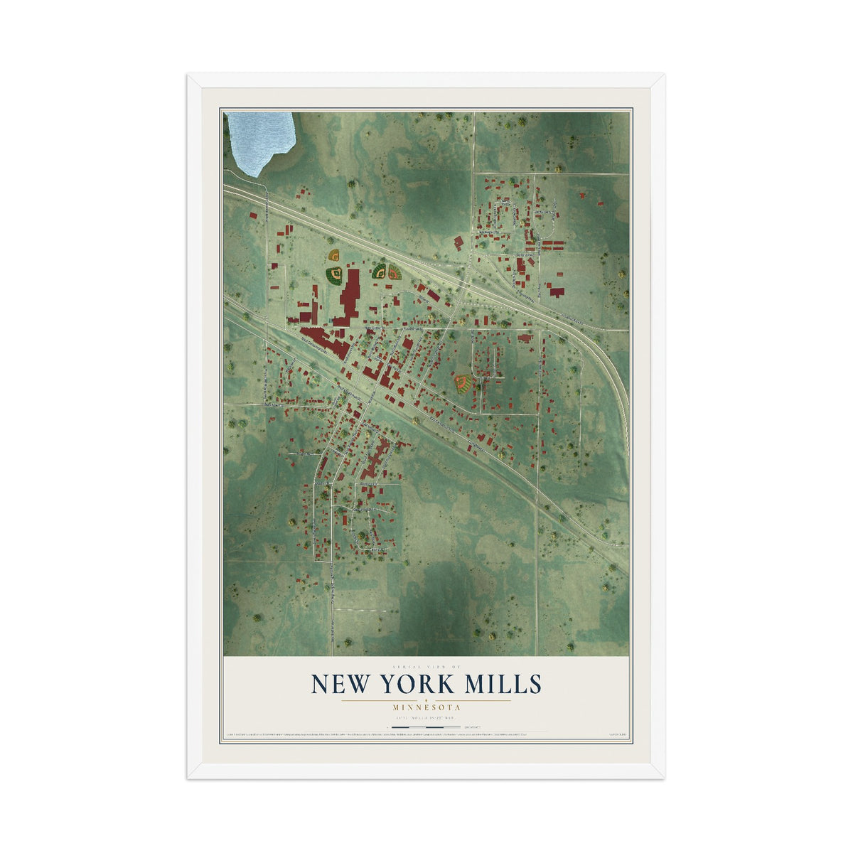 Map of New York Mills, Minnesota, 12 x 18 inch print in a white wood frame