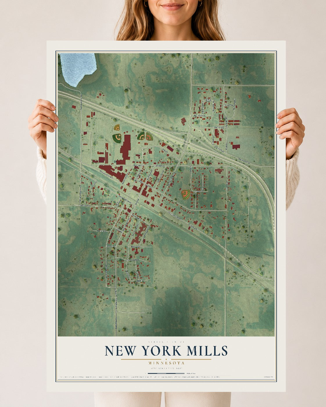 Map of New York Mills, Minnesota, 24 x 36 inch unframed archival matte print