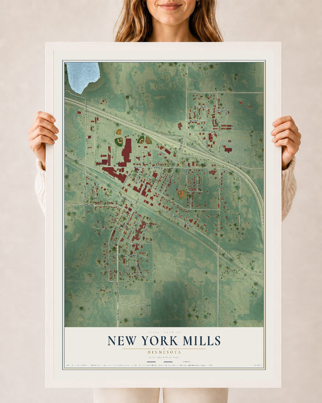 Map of New York Mills, Minnesota, 24 x 36 inch print in a white wood frame