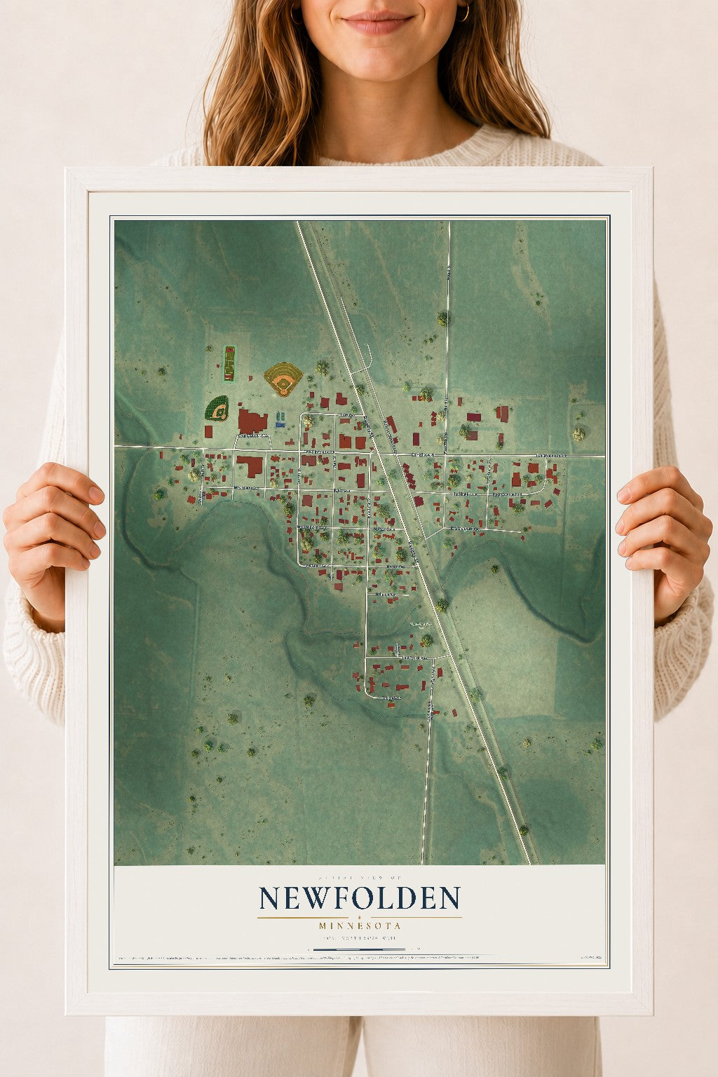 Map of Newfolden, Minnesota, 18 x 24 inch print in a white wood frame