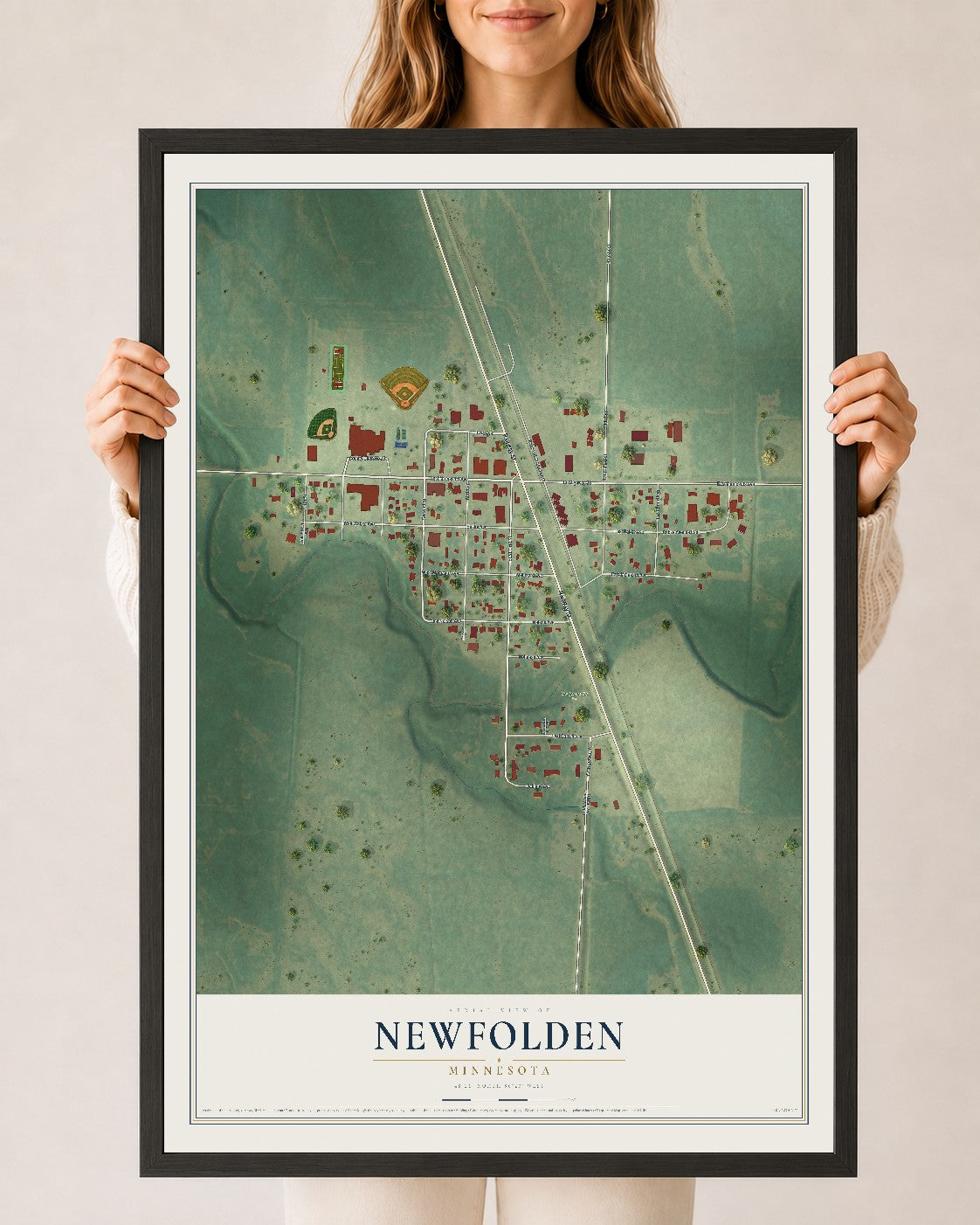 Map of Newfolden, Minnesota, 24 x 36 inch print in a black wood frame