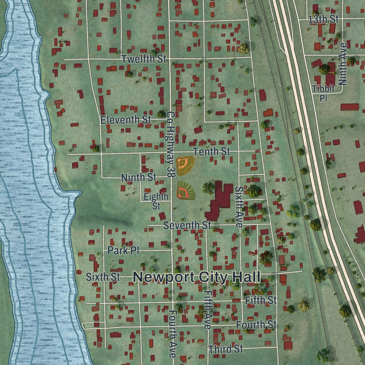 Close-up of the map of Newport, Minnesota print showing street and building detail