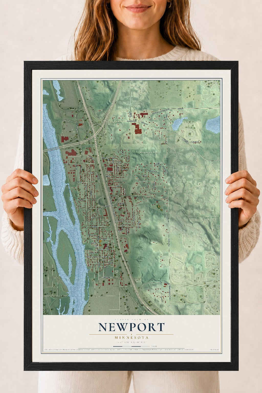 Map of Newport, Minnesota, 18 x 24 inch print in a black wood frame