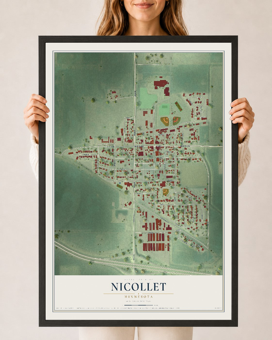 Map of Nicollet, Minnesota, 24 x 36 inch print in a black wood frame