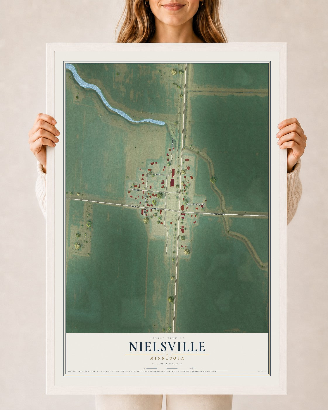 Map of Nielsville, Minnesota, 24 x 36 inch print in a white wood frame