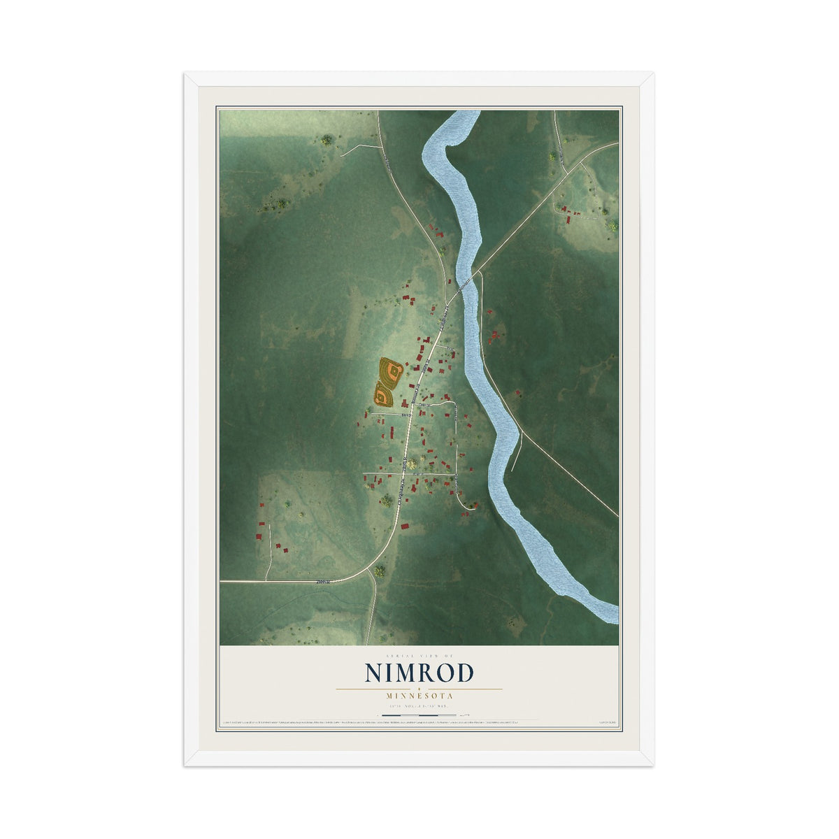 Map of Nimrod, Minnesota, 12 x 18 inch print in a white wood frame