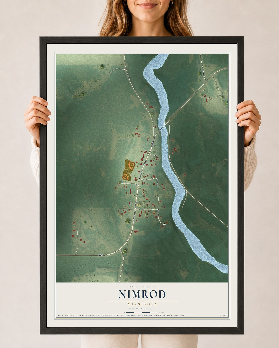 Map of Nimrod, Minnesota, 24 x 36 inch print in a black wood frame