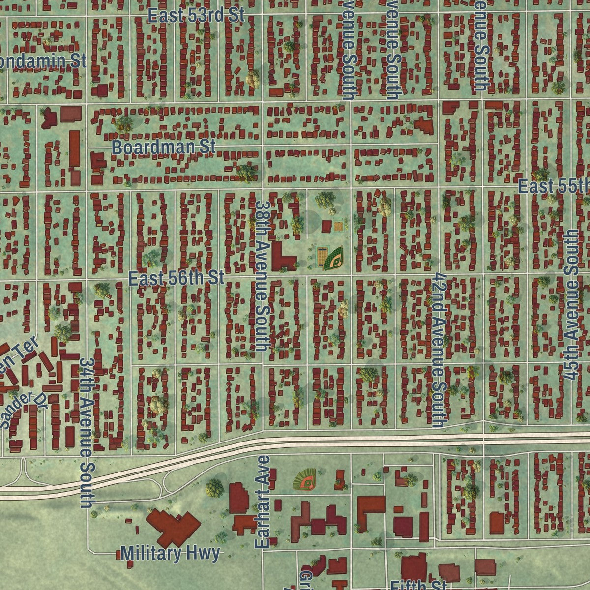 Close-up of the map of Nokomis, Minnesota print showing street and building detail