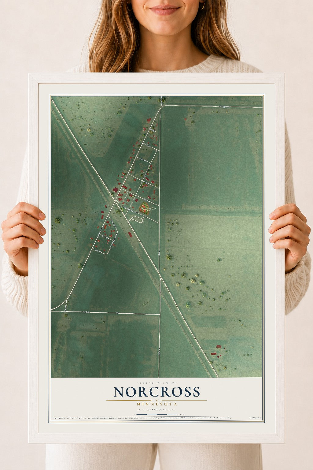 Map of Norcross, Minnesota, 18 x 24 inch print in a white wood frame