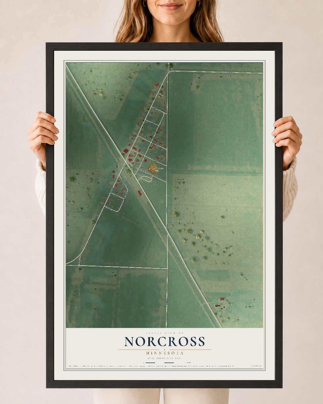 Map of Norcross, Minnesota, 24 x 36 inch print in a black wood frame