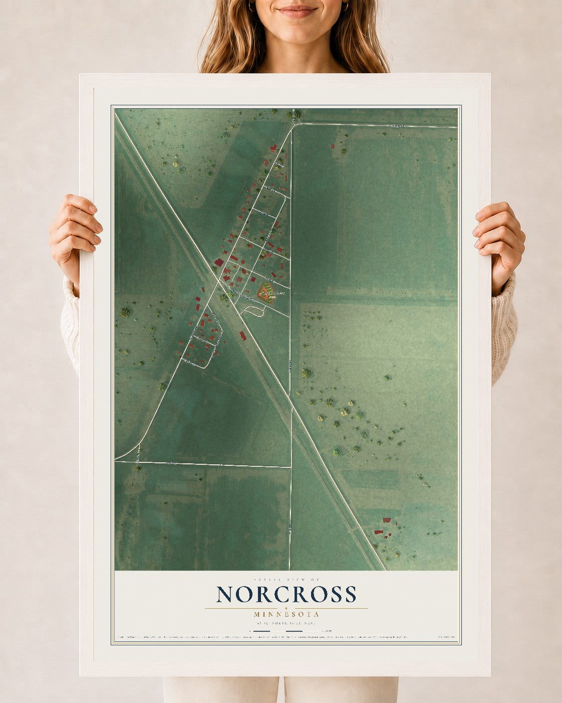 Map of Norcross, Minnesota, 24 x 36 inch print in a white wood frame