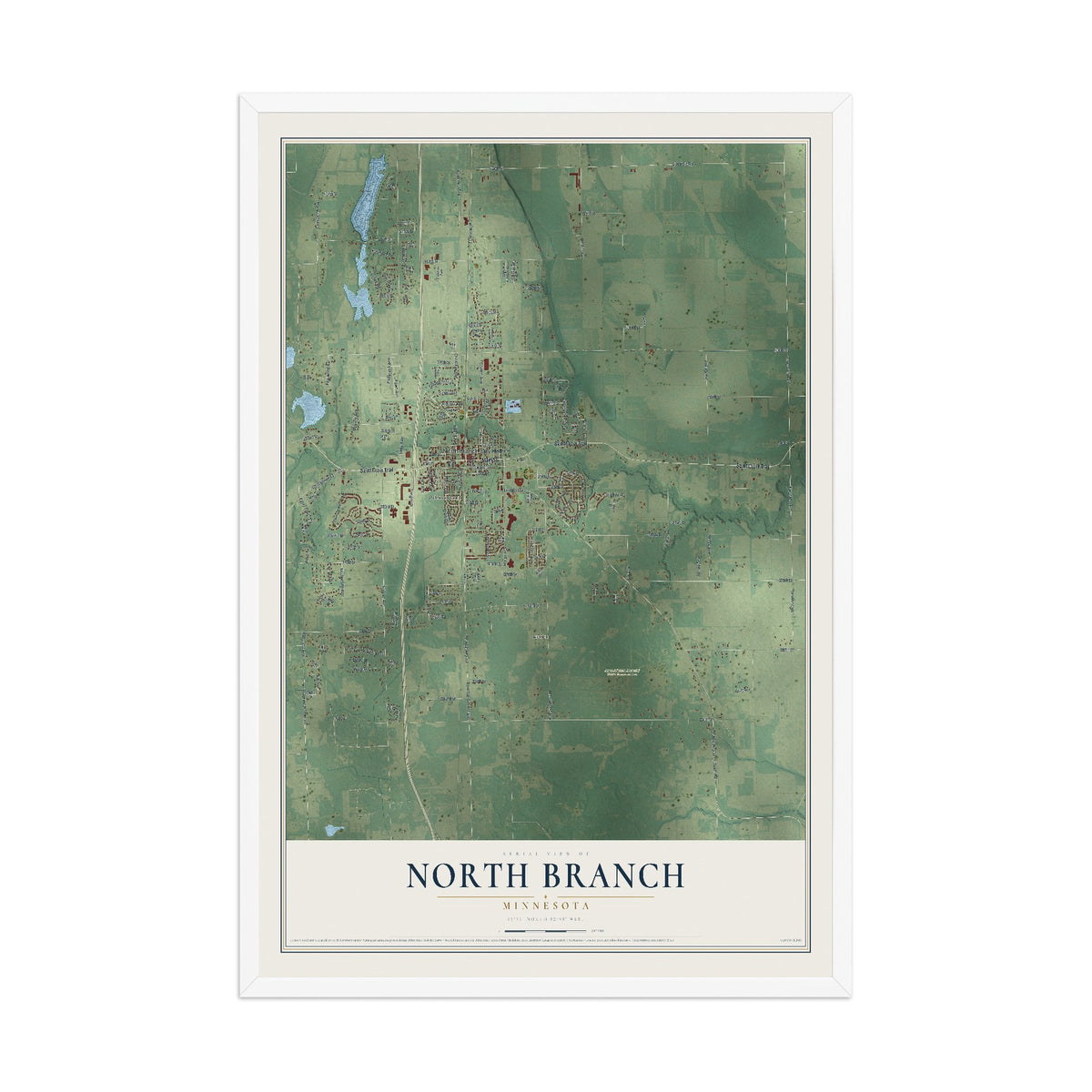 Map of North Branch, Minnesota, 12 x 18 inch print in a white wood frame
