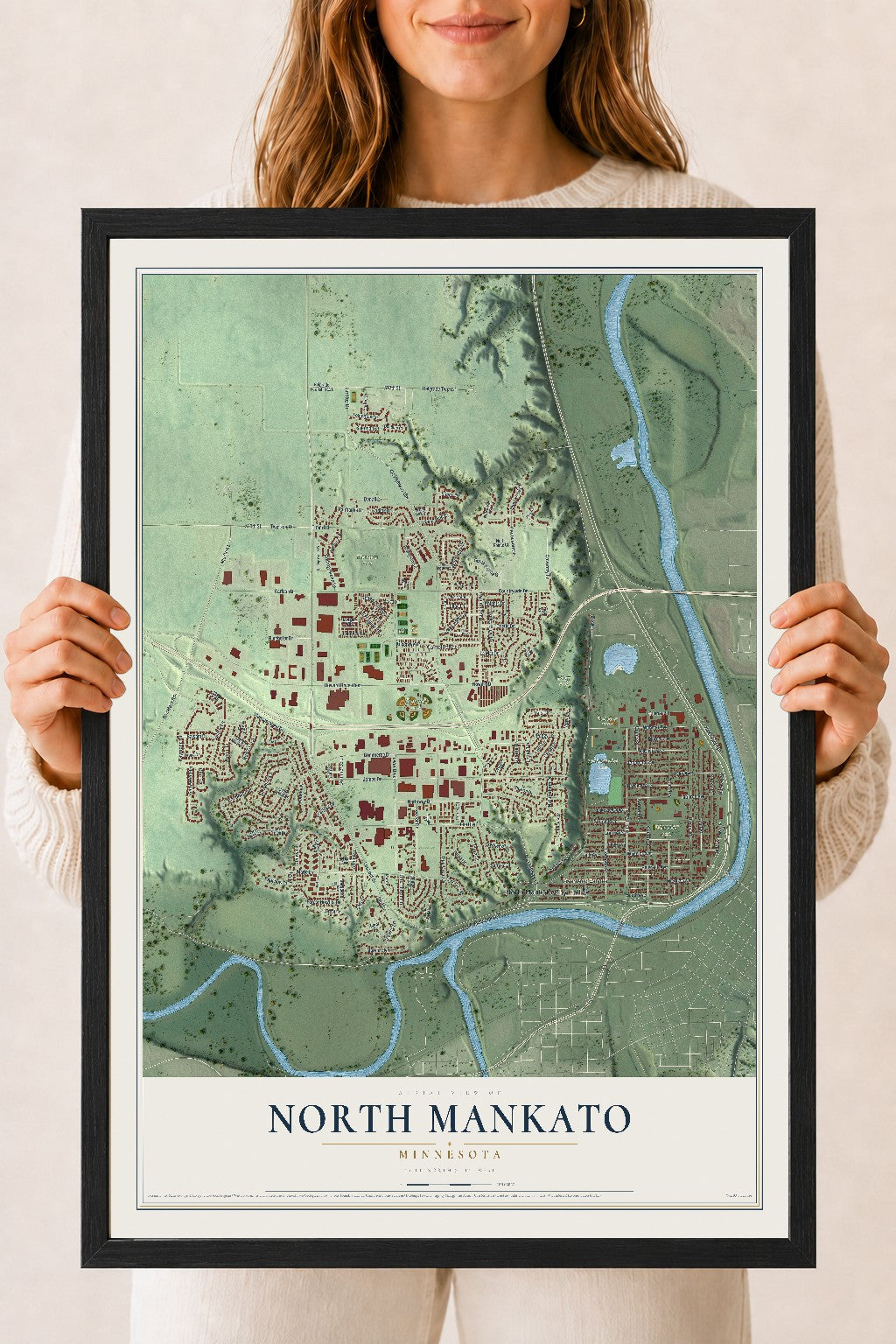 Map of North Mankato, Minnesota, 18 x 24 inch print in a black wood frame