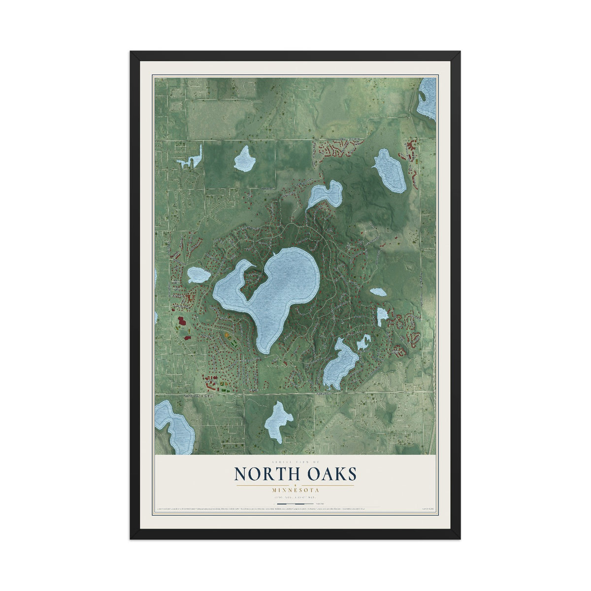Map of North Oaks, Minnesota, 12 x 18 inch print in a black wood frame