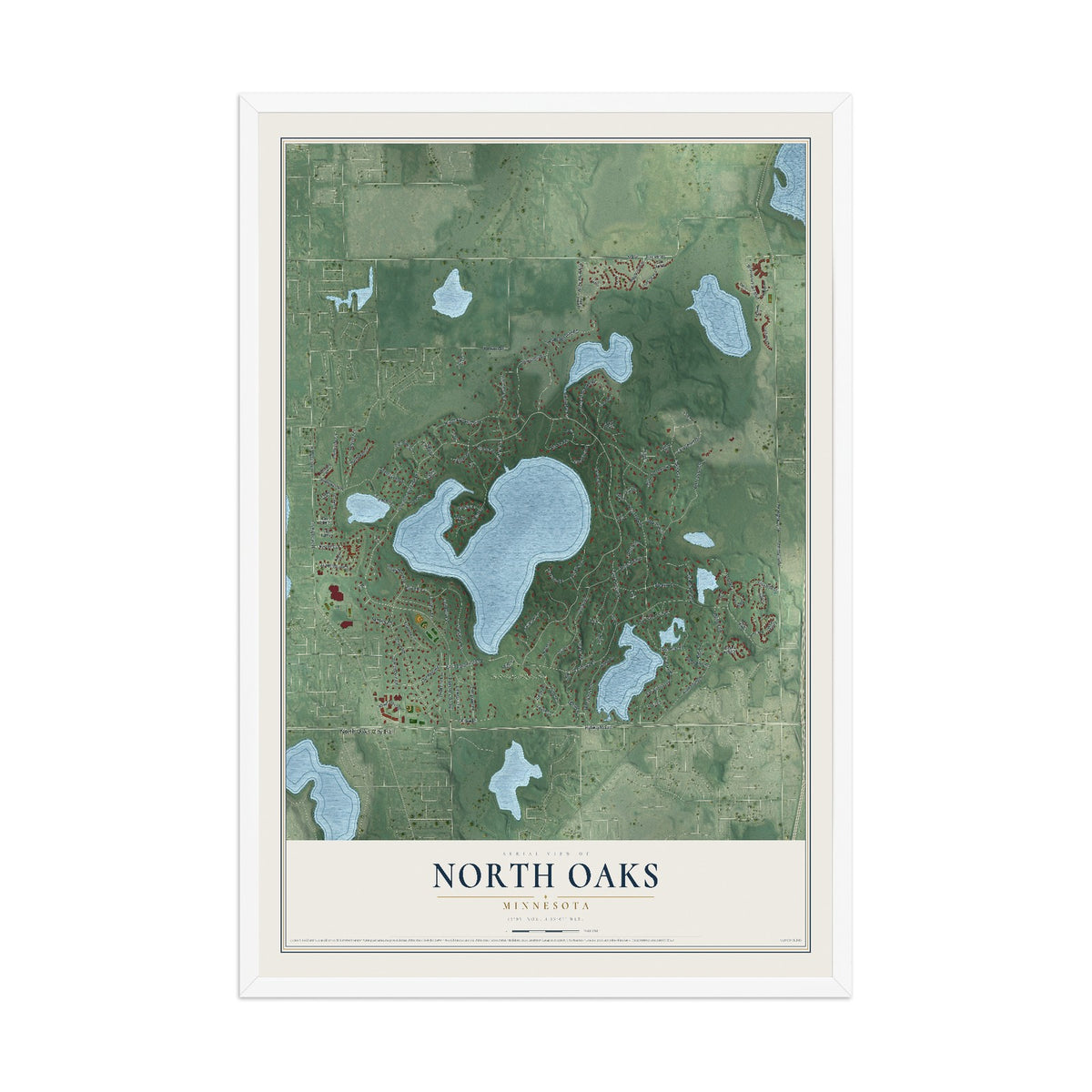 Map of North Oaks, Minnesota, 12 x 18 inch print in a white wood frame
