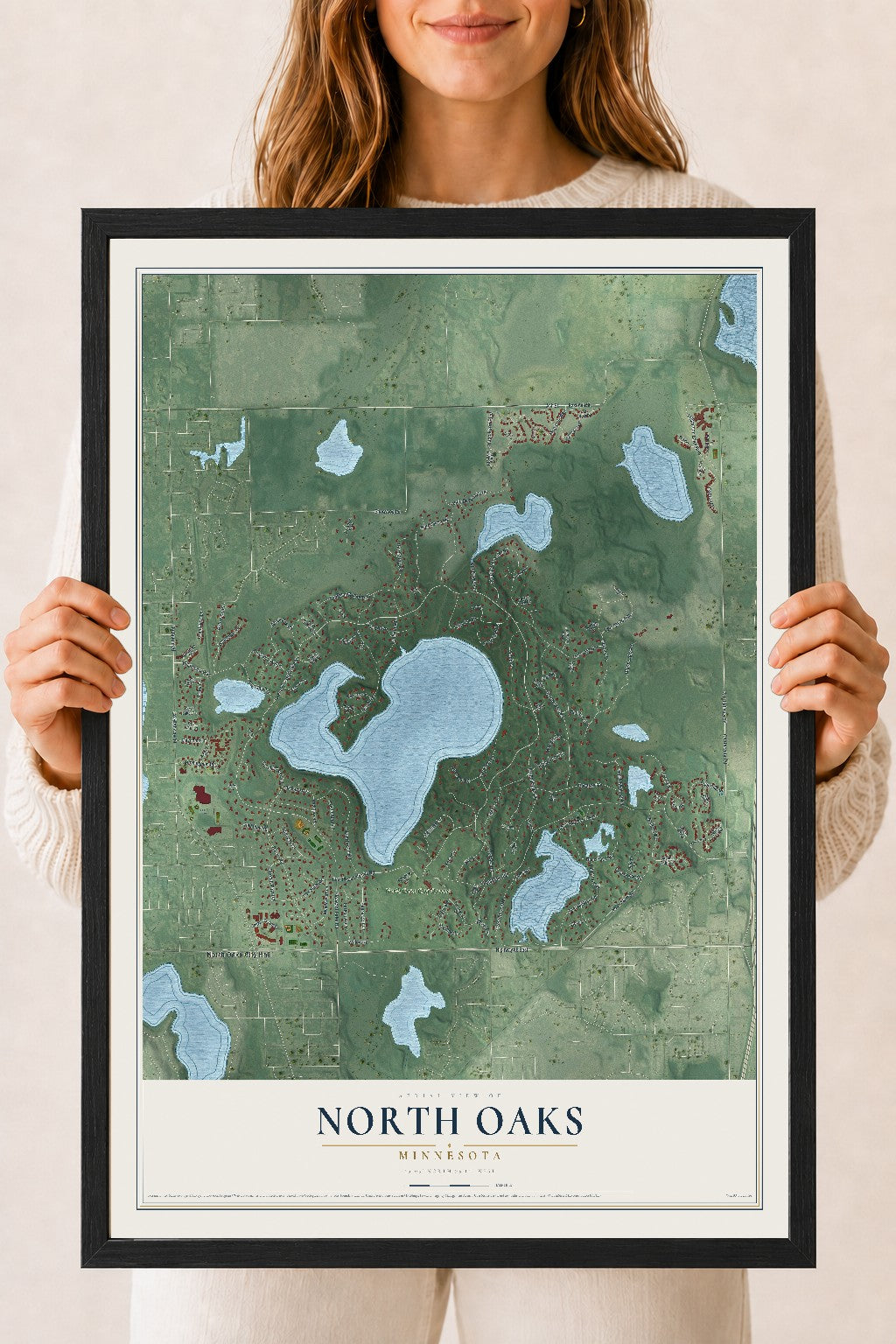 Map of North Oaks, Minnesota, 18 x 24 inch print in a black wood frame