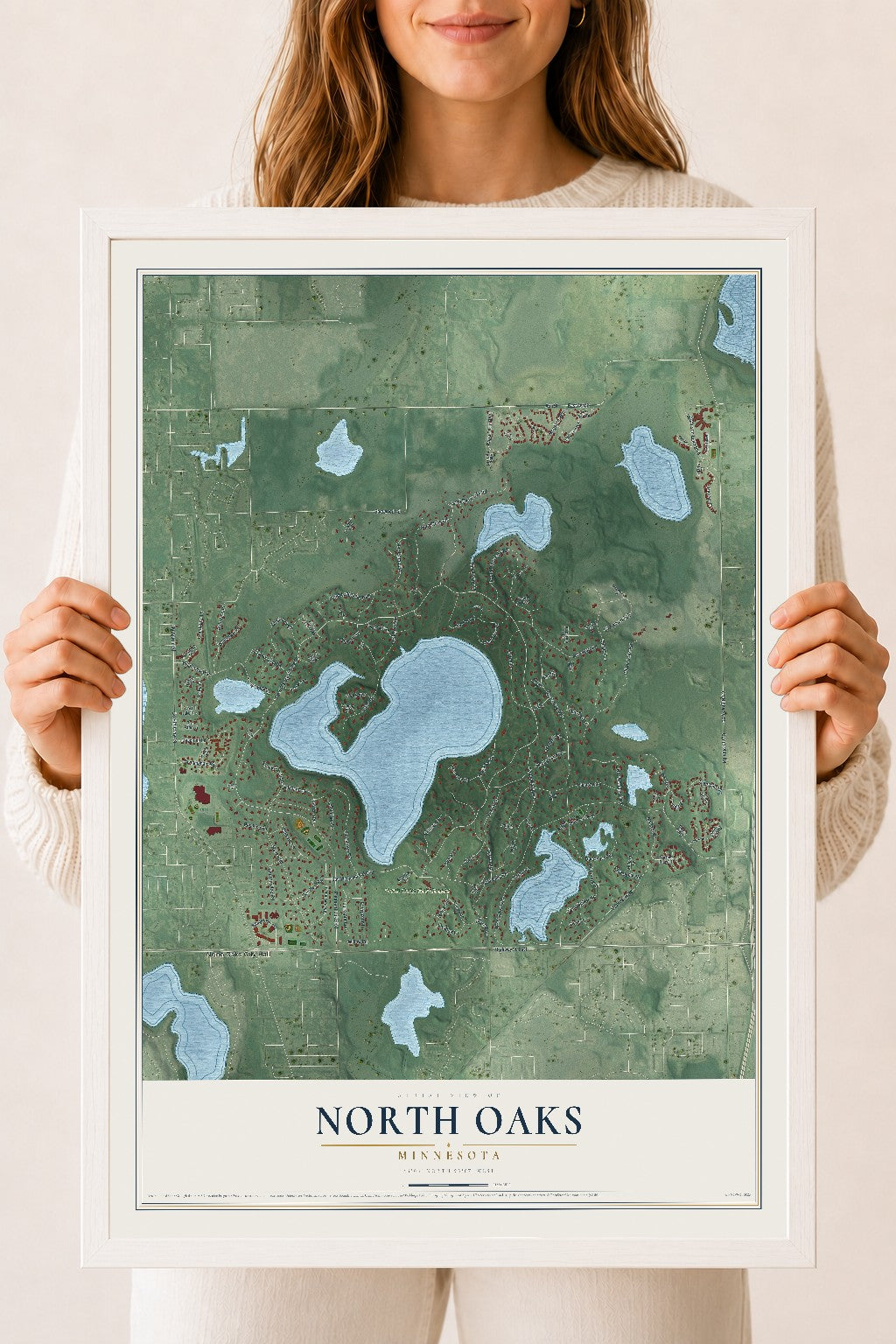 Map of North Oaks, Minnesota, 18 x 24 inch print in a white wood frame