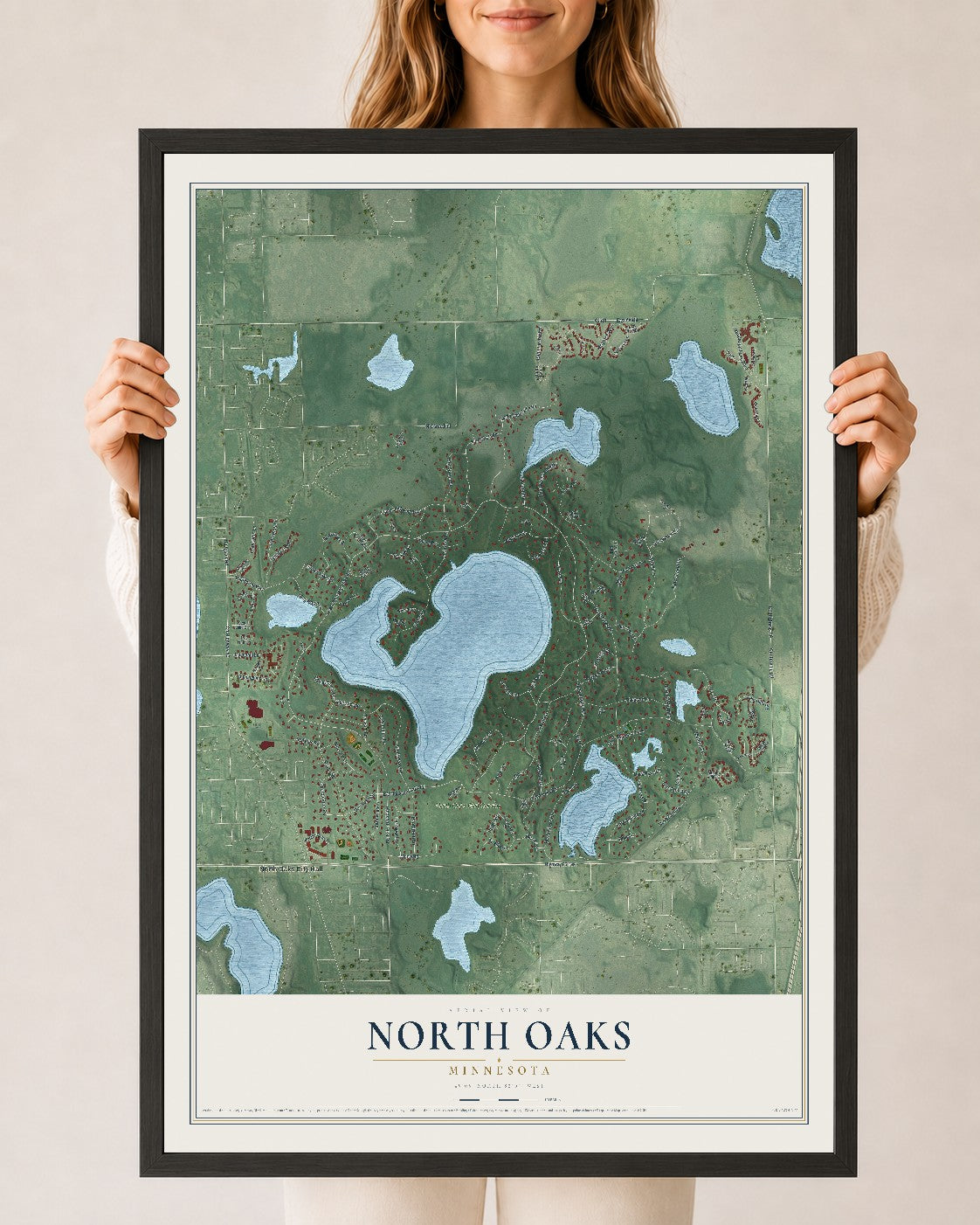 Map of North Oaks, Minnesota, 24 x 36 inch print in a black wood frame