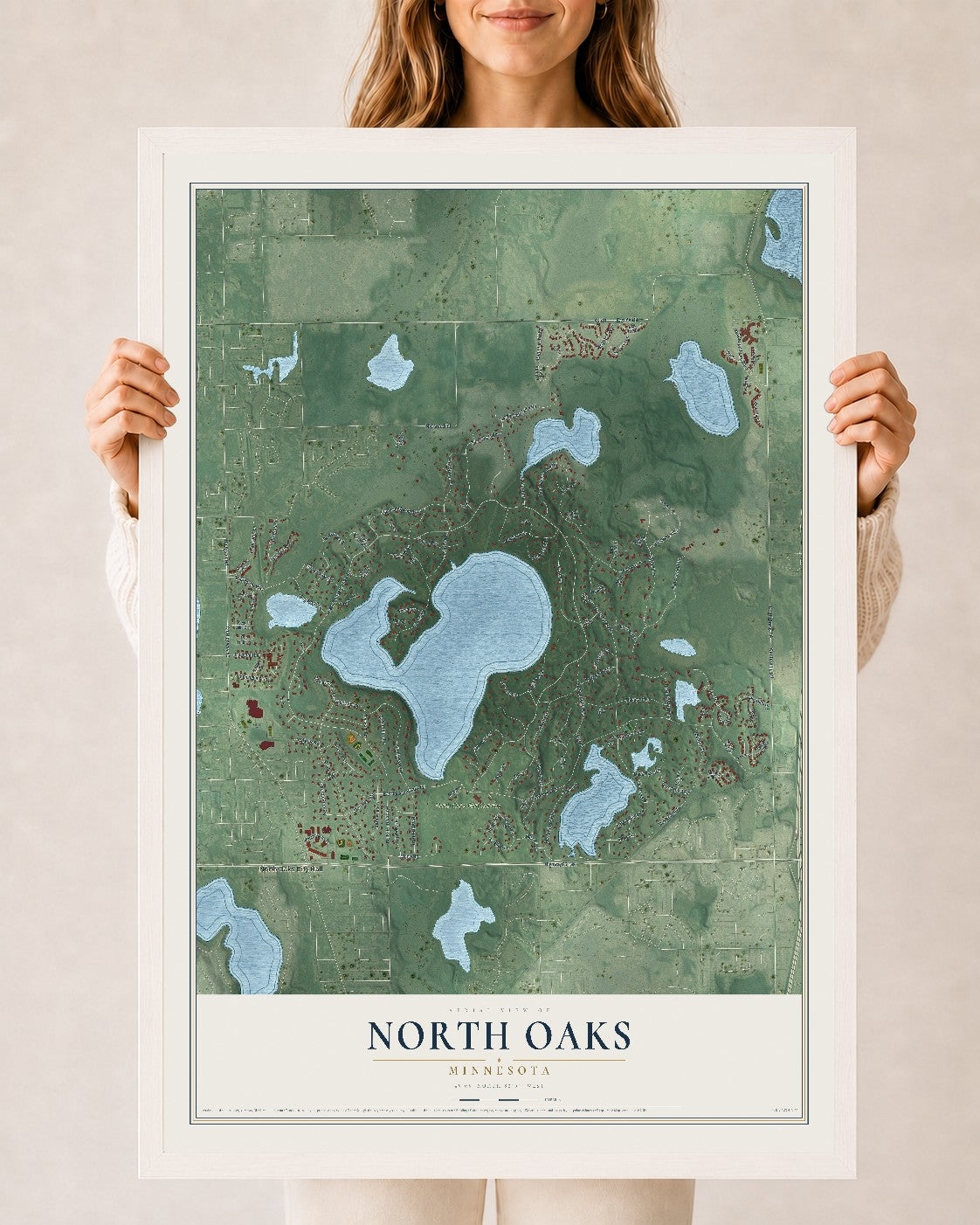 Map of North Oaks, Minnesota, 24 x 36 inch print in a white wood frame